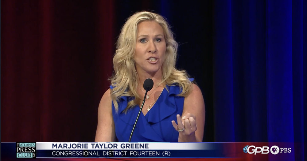 Rep. Marjorie Taylor Greene speaks at the 14th District GOP primary debate Sunday, May 1.