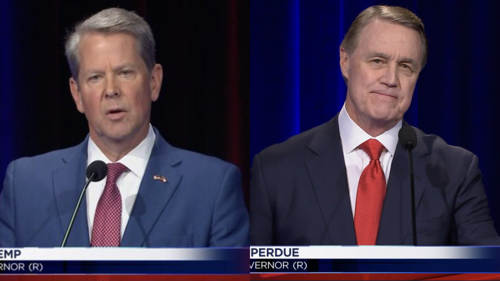 A mashup of Brian Kemp and David Perdue at on the debate stage on Sunday, May 1.