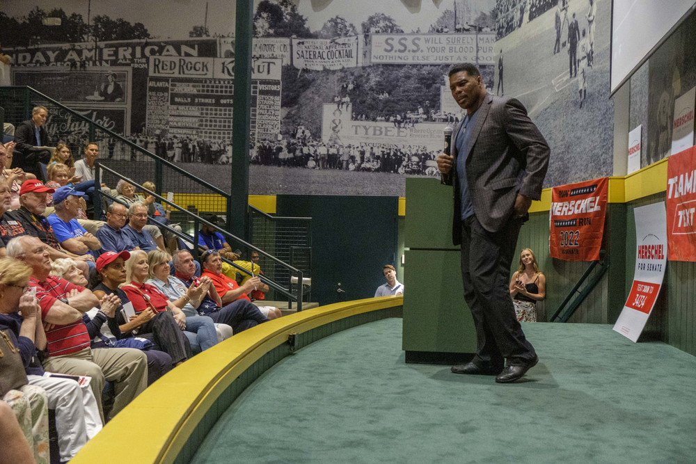 Republican Senate candidate Herschel Walker during a campaign stop at the Georgia Sports Hall of Fame in Macon on May 18, 2022. 