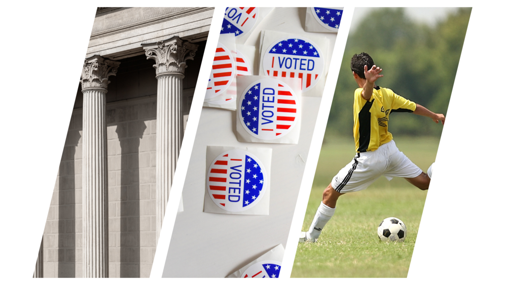 A mashup of a photo of Greek columns, voting stickers and a young athlete.