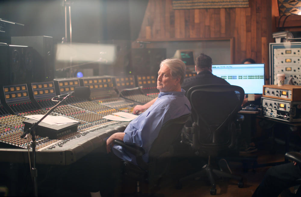 Brian Wilson in a recording studio in the present day.