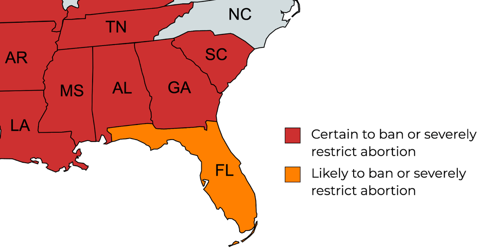 Map shows states surrounding Georgia that are likely or certain to enact near-total abortion bans (defined as six weeks or fewer) if Roe v. Wade is overturned or weakened.