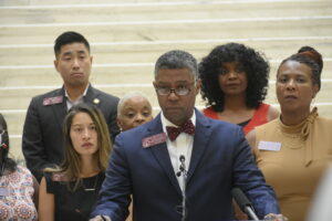 Georgia House Minority Leader James Beverly and members of his caucus held a press conference at the state Capitol Tuesday to outline the party’s response to the overturn of Roe. v. Wade. 