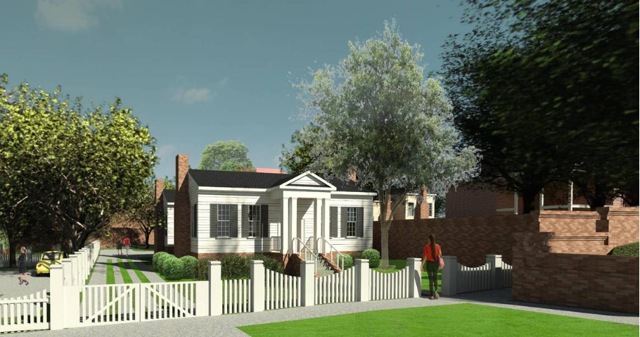 A $2 million project from Historic Columbus would replace a downtown park with five 19th-century homes and revamp a public space along the Chattahoochee River. This is a rendering of one of the homes. 