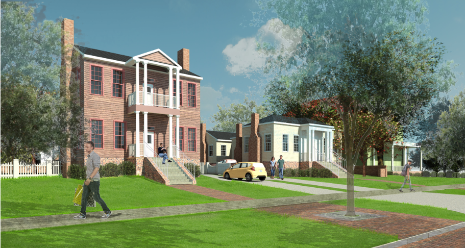 A $2 million project from Historic Columbus would replace a downtown park with five 19th-century homes and revamp a public space along the Chattahoochee River. This is a rendering of a couple of the homes. 