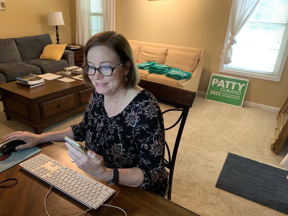  Patty Durand, the Democratic nominee for the Georgia Public Service Commission, makes fundraising calls from her home in Conyers on June 8. 