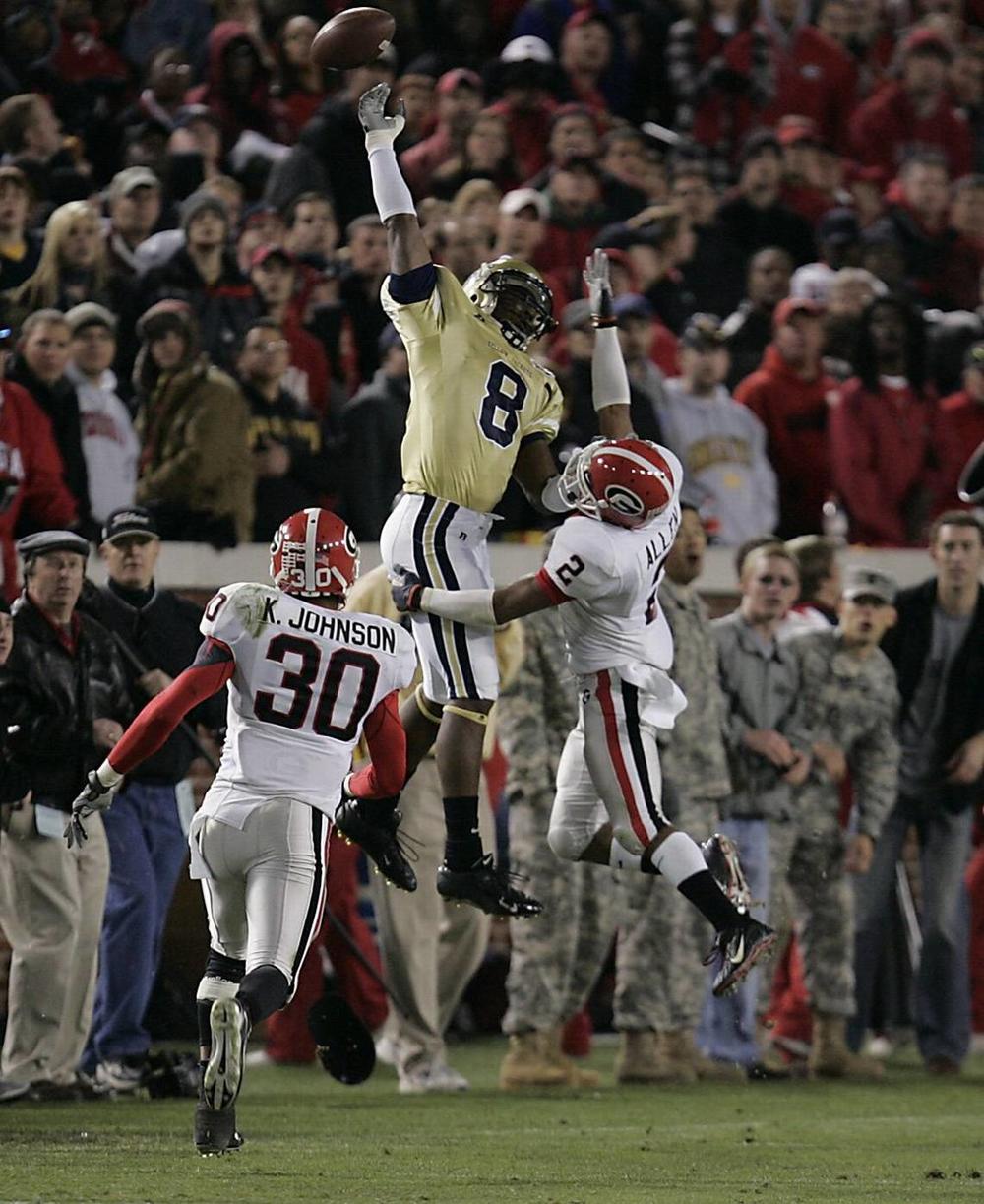 In this 2007 Telegraph file photo, then-Georgia Tech wide receiver Demaryius Thomas leaps for a pass that was over his head against the University of Georgia.