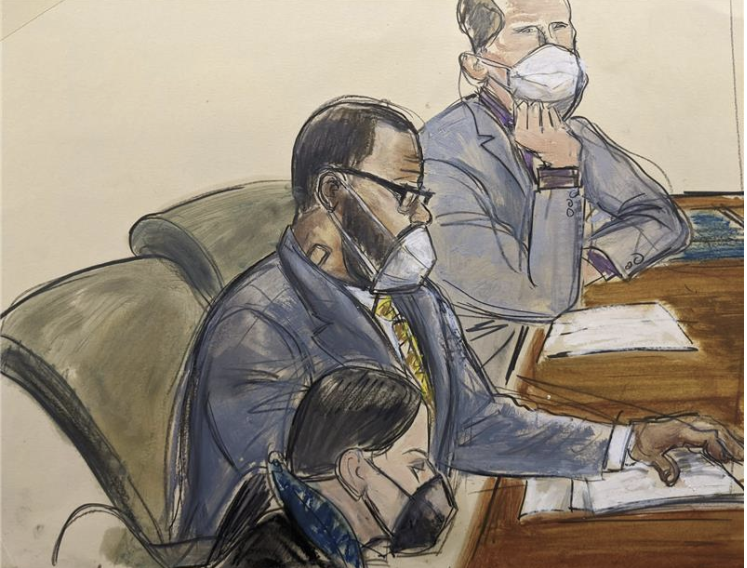 Singer R. Kelly (center) appears in a courtroom drawing. (AP News)