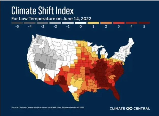 Climate Shift Index for low temperatures on June 14, 2022