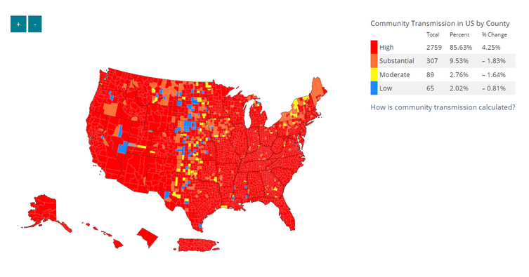 A map of the US showing high COVID transmission