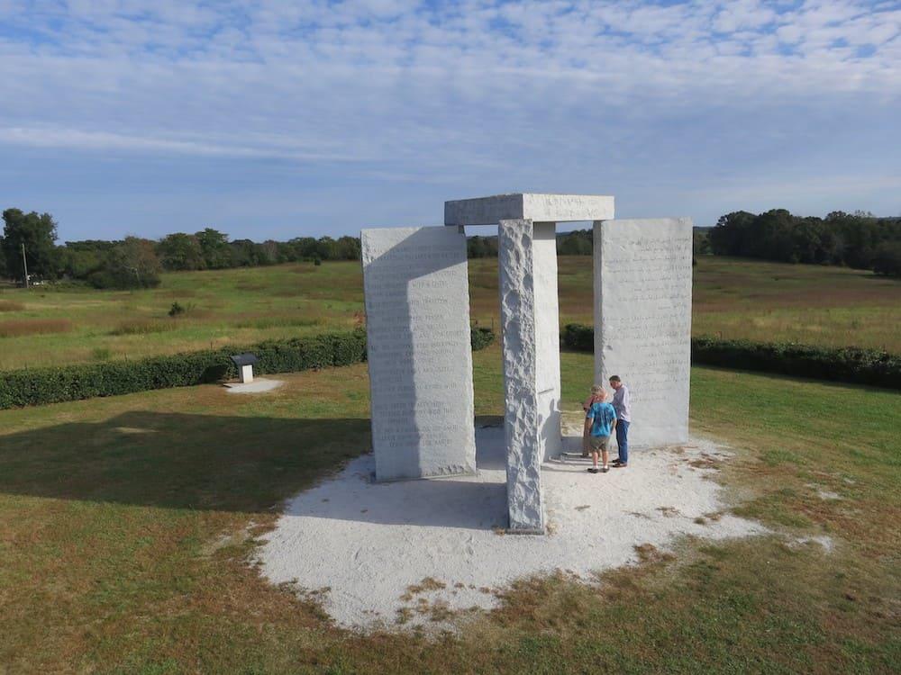 The Georgia Guidestones monument was built in 1980 from local granite. The 19-foot-high (6-meter-high) panels bear a 10-part message in eight different languages with guidance for living in an “age of reason."