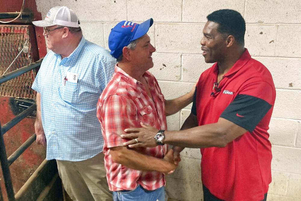 Republican U.S. Senate nominee Herschel Walker talks with a voter at a livestock auction in Athens, Ga., Wednesday, July 20, 2022, as Walker campaigns to unseat Democratic Sen. Raphael Warnock.