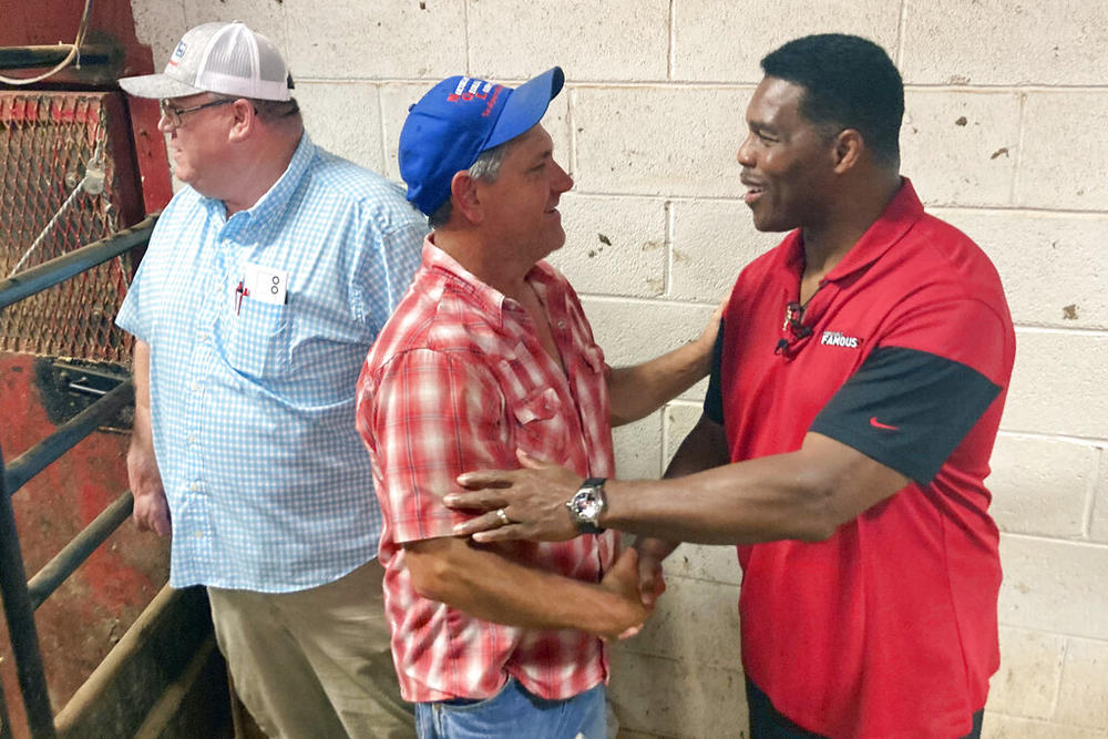 Republican U.S. Senate nominee Herschel Walker talks with a voter at a livestock auction in Athens, Ga., Wednesday, July 20, 2022, as Walker campaigns to unseat Democratic Sen. Raphael Warnock. 