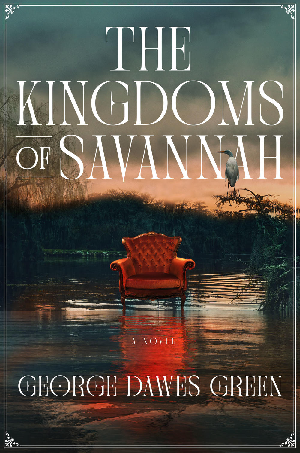 The cover of the book "The Kingdoms of Savannah" depicts an empty chair floating on water.
