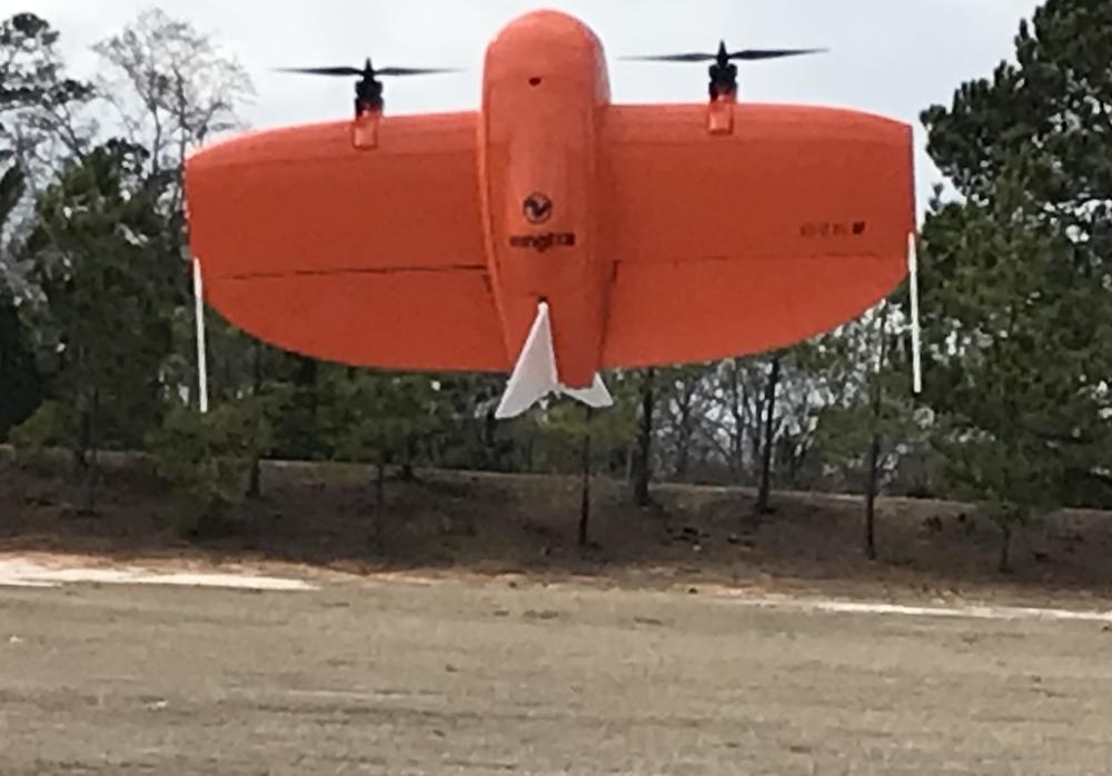 An unmanned aerial vehicle is shown taking off from Augusta Regional Airport.