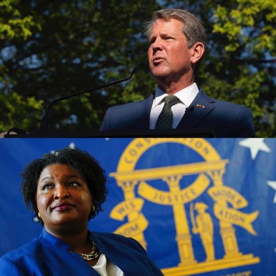 Above: Gov. Brian Kemp (Megan Varner / AP); Stacey Abrams (AP Photo/John Bazemore)