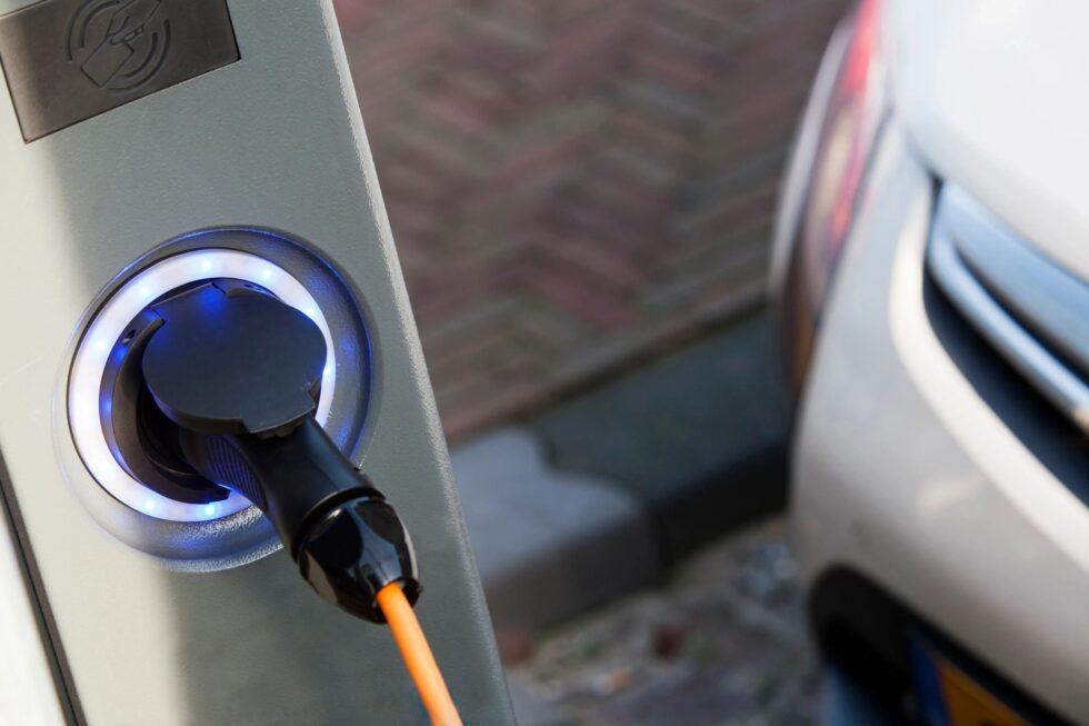 An electric vehicle charges up
