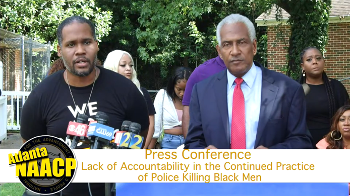 Georgia NAACP President Gerald Griggs and Atlanta Chapter President Richard Rose speak at a press conference on police accountability August 26, 2022 following an announcement in the Rayshard Brooks case.