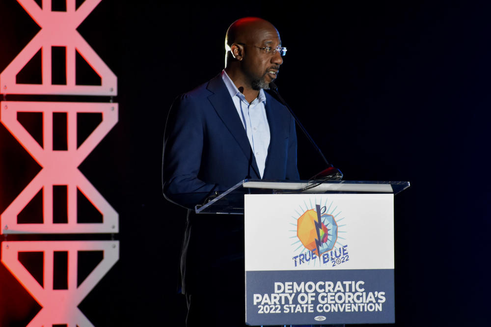Sen. Raphael Warnock speaks at the Democratic Party of Georgia state convention.