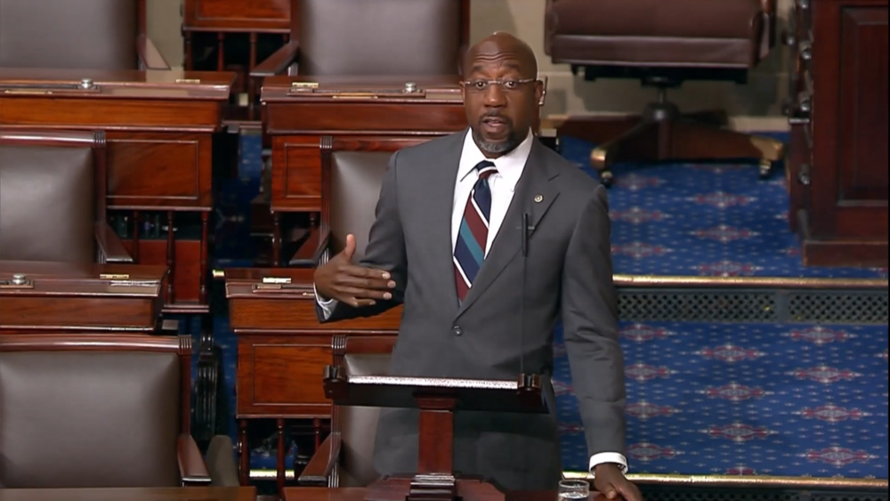 Senator Raphael Warnock speaking on the Senate floor in support of the CHIPS and Science Act.