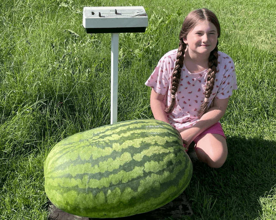 Madelynn Murphy, fourth grade 4-H’er from Appling County, poses with her first-place winning 109-pound watermelon.