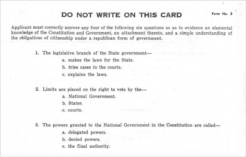 An excerpt from a Louisiana voter literacy test that was in use around 1963.
