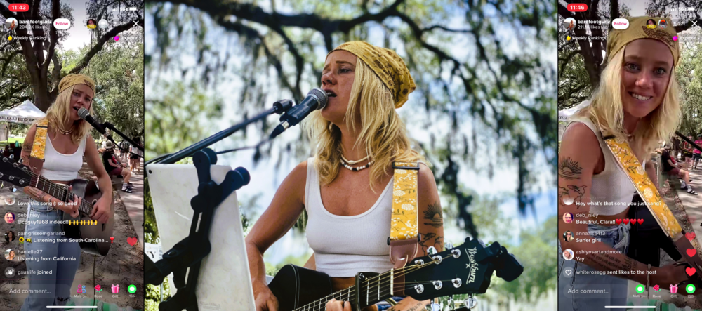 Clara Waidley performs at Forsyth Park in Savannah, both before an online following on TikTok and an audience of passersby at the farmers' market.