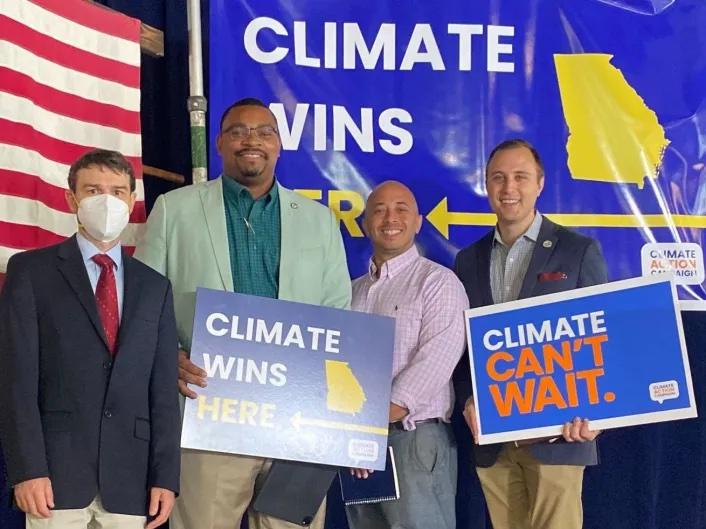 Chris Carnevale of SACE; Chatham County Commissioner Aaron Whitely; AJ Jeanty of Creative Solar; and Savannah Alderman Nick Palumbo