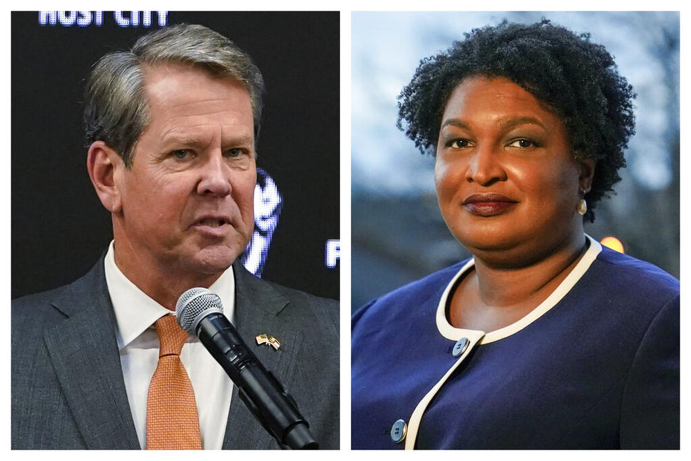 FILE - This combination of 2022 and 2021 file photos shows Georgia Gov. Brian Kemp, left, and gubernatorial Democratic candidate Stacey Abrams. Georgia Gov. Brian Kemp's decision to defy Donald Trump and ratify Joe Biden's presidential electors in 2020 has won Kemp credit with some Democrats. Heading into the November election, Democratic nominee Stacey Abrams needs those voters in her column. (AP Photo/Brynn Anderson, File)