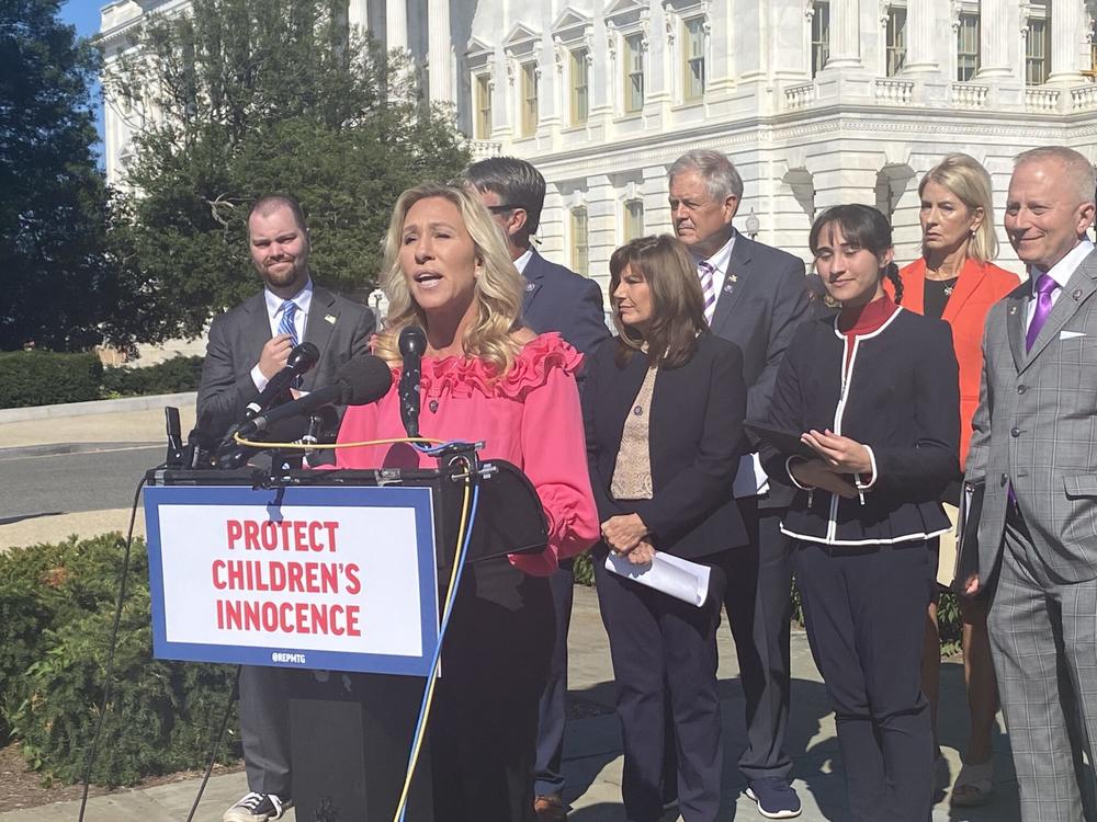 Georgia Republican Rep. Marjorie Taylor Greene at a press conference outside the U.S. Capitol on Sept. 20 pitched her legislation to make it a felony to perform gender-affirming care on transgender youth. Jennifer Shutt/Georgia Recorder