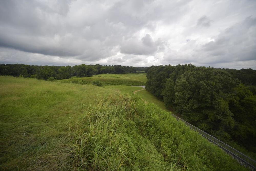 The landscape is seen from the top of the Great Temple Mound, a nine-story-tall earthen structure that gave Native Americans a 360-degree view of their territory before they were forcibly removed in the 1820s, in Macon, Ga., on Aug. 22, 2022.