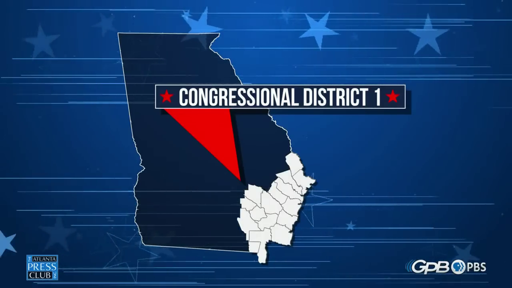 A map of Georgia's 1st Congressional District, which includes 15 counties in southeast Georgia, covering coastal areas such as Savannah and Brunswick, as well as more inland parts of southeast Georgia.