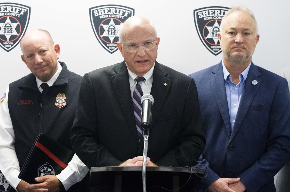 From left, Macon-Bibb County Fire Department Chief Shane Edwards, Bibb County Sheriff David Davis and Macon-Bibb County Mayor Lester Miller during the announcement Monday of efforts to hire part time patrol deputies.  