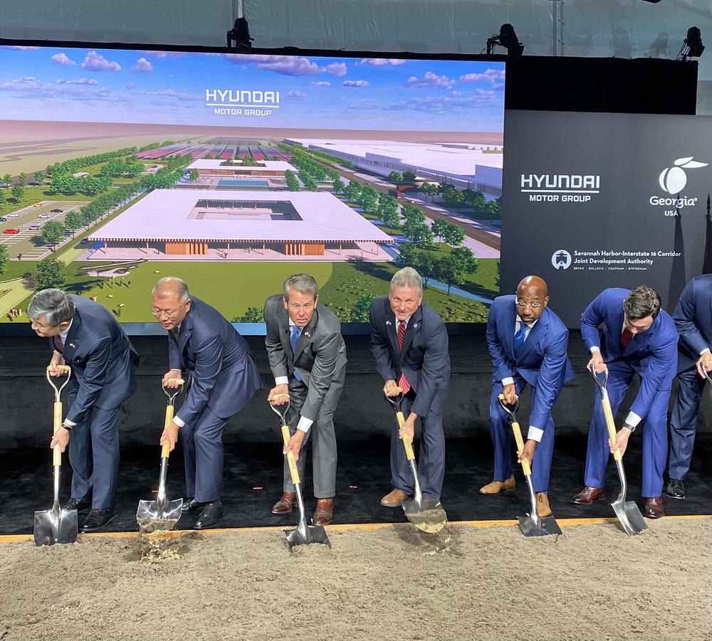 More than a dozen officials participated in the ceremonial groundbreaking of Hyundai Motor Group's planned electric vehicle plant in Bryan County. Among them were (from left) South Korea ambassador to the U.S. Taeyong Cho, Hyundai chairman Euisun Chung, Georgia Gov. Brian Kemp, U.S. Rep. Buddy Carter, and U.S. Sens. Raphael Warnock and Jon Ossoff.