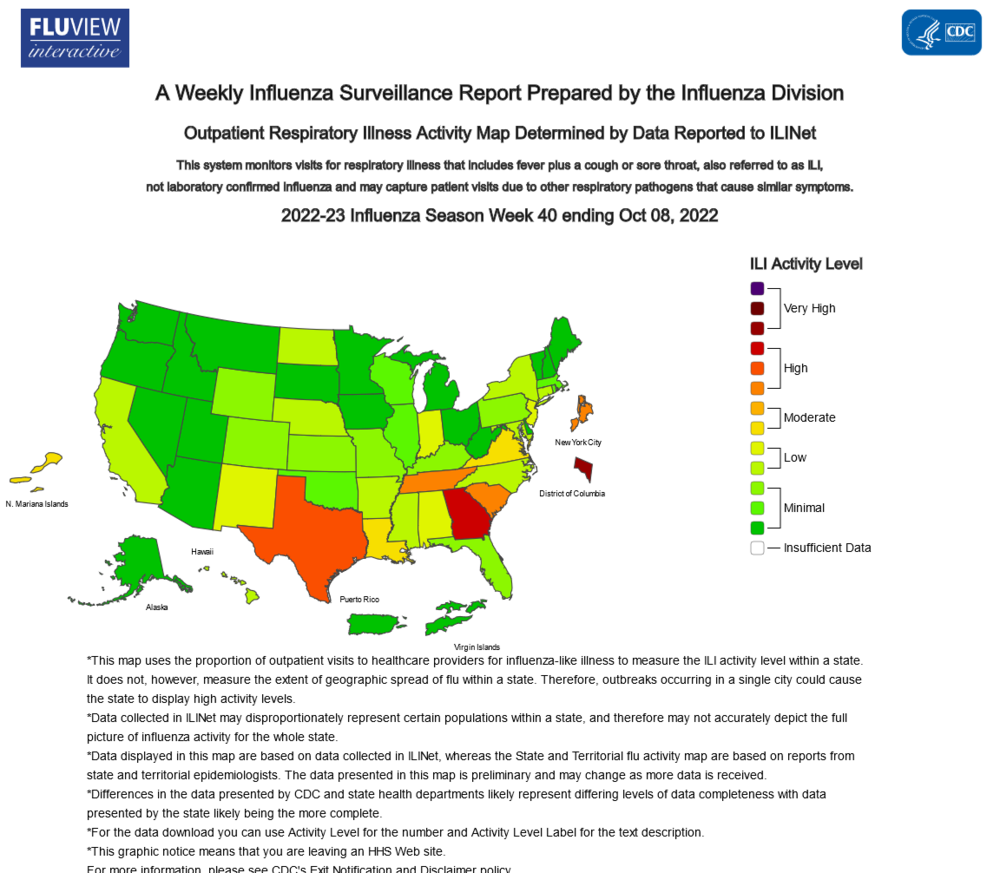 A map of the nation showing high levels of influenza-like illness in Georgia.