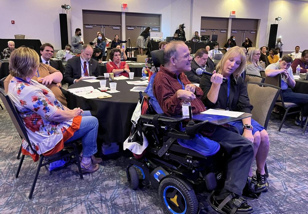  Carmine Vera, a Lawrenceville resident, asks a question for Georgia labor commissioner candidates at a recent forum focused on issues important to voters with disabilities.