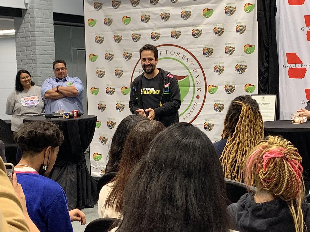 Lin-Manuel Miranda speaks to students and GALEO volunteers in Forest Park, Ga. on Oct. 19, 2022