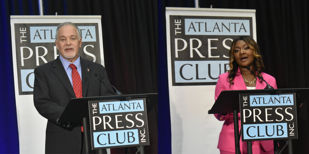  Left, State School Superintendent Richard Woods, right, Democratic candidate Alisha Thomas-Searcy. The two made their cases for why they should lead Georgia’s public schools in a debate Oct. 17. Ross Williams/Georgia Recorder