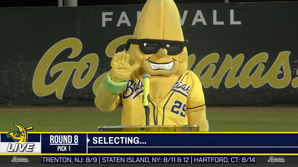Savannah Bananas mascot Split waves during the “Banana Ball World Tour Draft,” where locations were announced for the team's 2023 schedule.