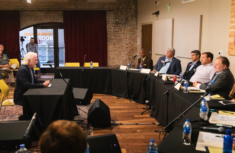 Rolling Stones keyboardist Chuck Leavell speaks to the Georgia Music Heritage Study Committee in Macon.