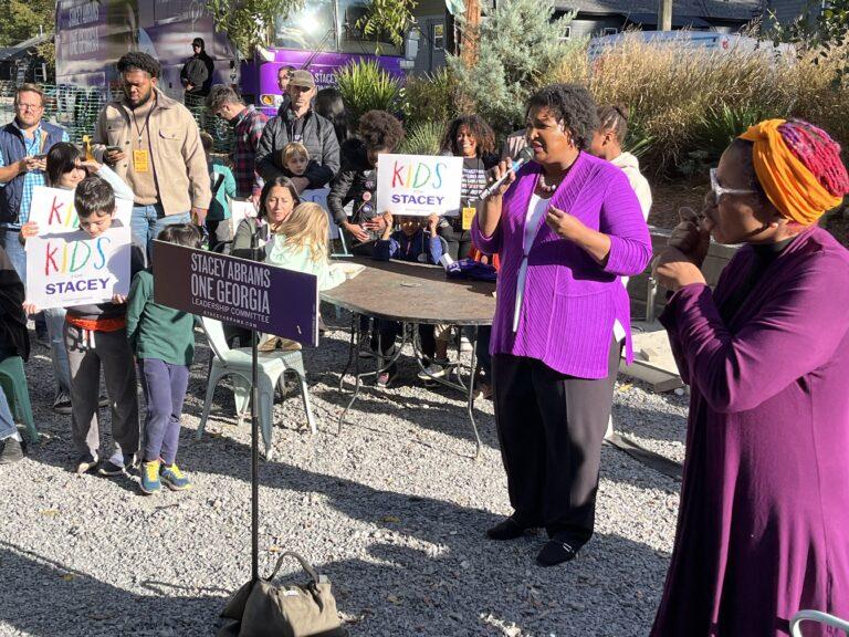 Stacey Abrams at an Atlanta restaurant kicking off of her statewide bus tour on the second day of early voting. Jill Nolin/Georgia Recorder