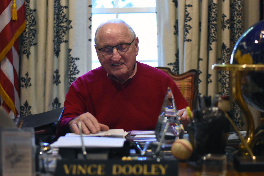Former UGA football coach Vince Dooley sits at his desk in his Athens, Ga. home.