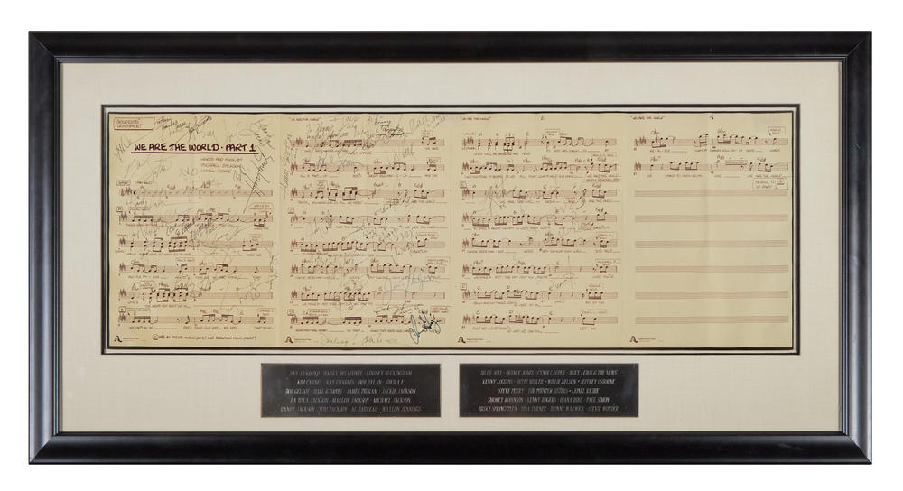A framed group of signed soloist leadsheets from the charity single "We Are the World" performed by the supergroup USA for Africa. 