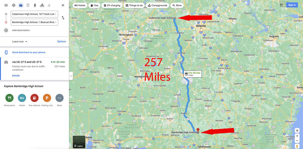 It is 257 Miles from Cedartown High School to Bainbridge High School