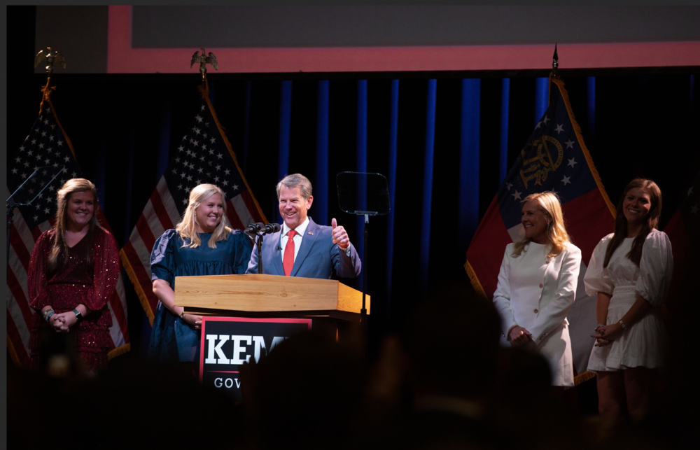 Gov. Brian Kemp celebrates his reelection win over Stacey Abrams late Nov. 8, 2022.