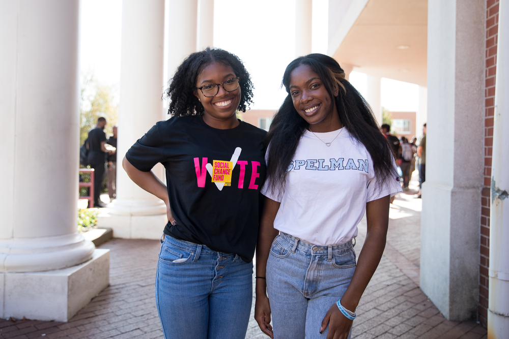 Spelman students Nya Morgan, 20, and Kai Ingram, 20, waited to see U.S. Sen. Rev. Raphael Warnock who spoke at his alma mater, Morehouse College, on Election Day.    Both voted absentee for their respective home states, but said it's important for them to stay engaged and encourage others to participate in Georgia politics.