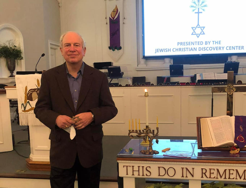 Rabbi Albert Slomovitz preparing to speak at Heritage Baptist Church in Cartersville, Ga.