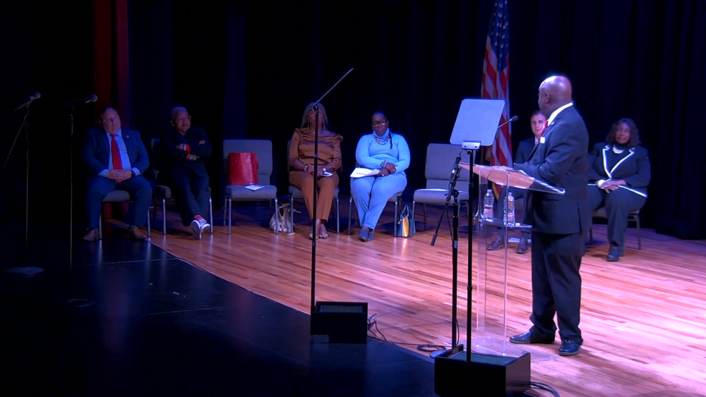 Savannah Mayor Van Johnson turns toward members of the City Council during closing remarks of his State of the City address.