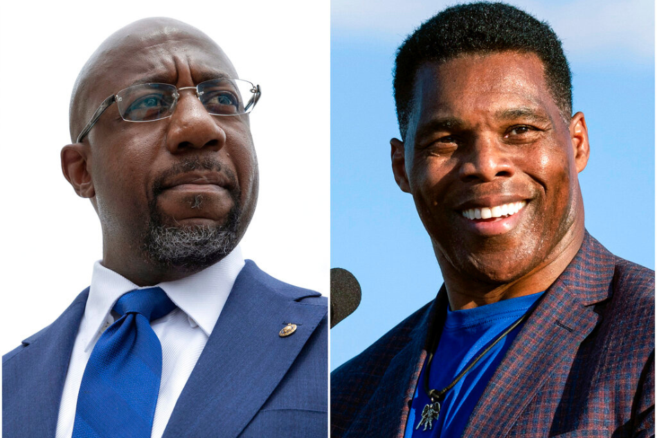 This combination of photos shows, Sen. Raphael Warnock, D-Ga., speaking to reporters on Capitol Hill in Washington, Aug. 3, 2021, left, and Republican Senate candidate Herschel Walker speaking in Perry, Ga., Sept. 25, 2021.