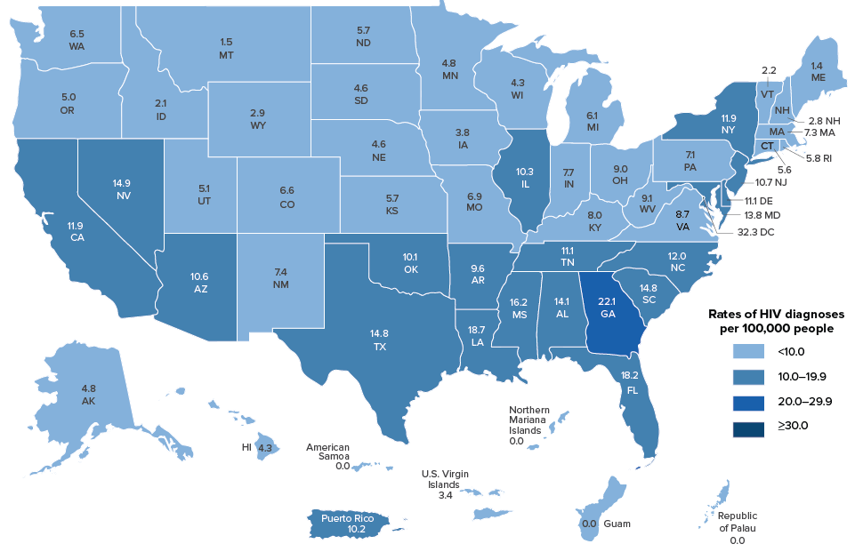 A map of the united states showing rates of HIV